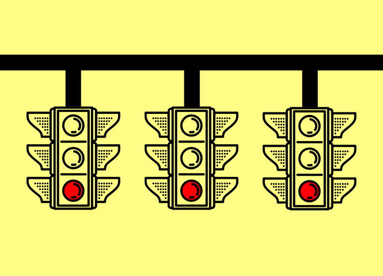 Ilustração de 3 semáforos lado a lado, todos com a luz vermelha acesa