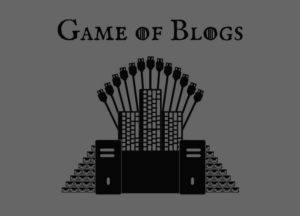 Ilustração de uma paródia do trono de ferro do seriado Game of Thrones, onde o trono é feito por CPUs, cabos USB, teclados e envelopes.
